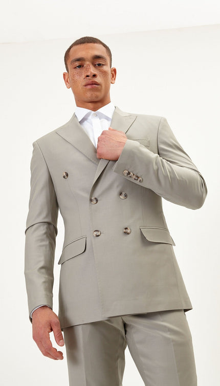 Super 120S Merino Wool Double Breasted Suit- Fennel Seed Green - Ron Tomson