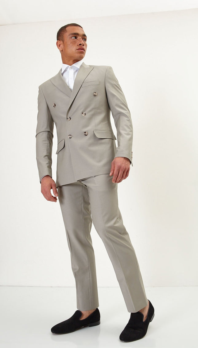 Super 120S Merino Wool Double Breasted Suit- Fennel Seed Green - Ron Tomson