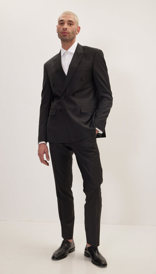 Super 120S Merino Wool Double Breasted Suit - Jet Black - Ron Tomson
