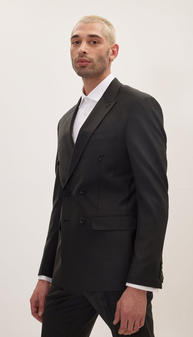 Super 120S Merino Wool Double Breasted Suit - Jet Black - Ron Tomson