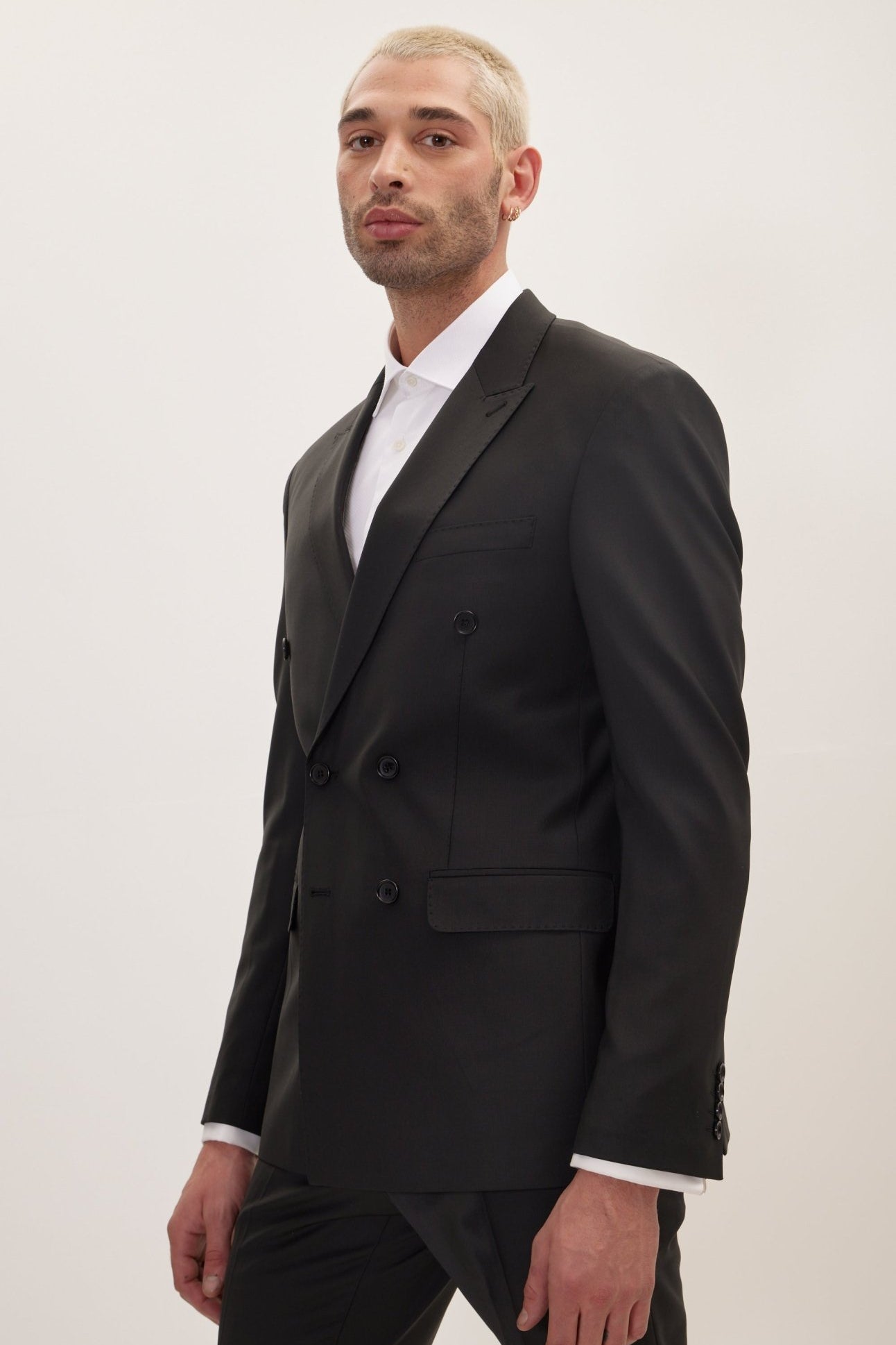 Super 120S Merino Wool Double Breasted Suit - Jet Black - Ron Tomson