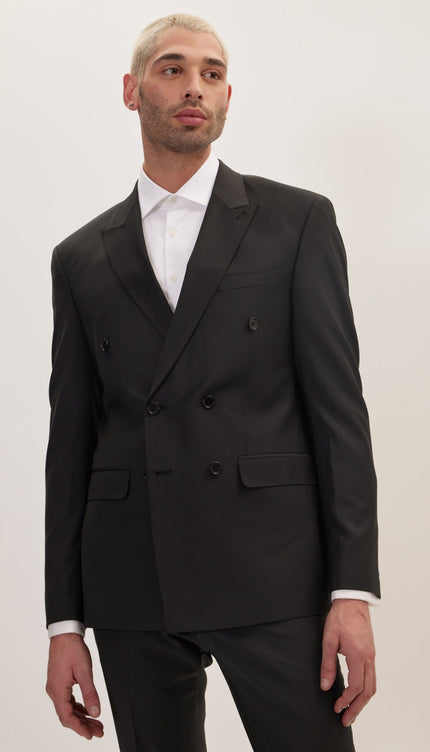 Super 120S Merino Wool Double Breasted Suit - Jet Black - Ron Tomson