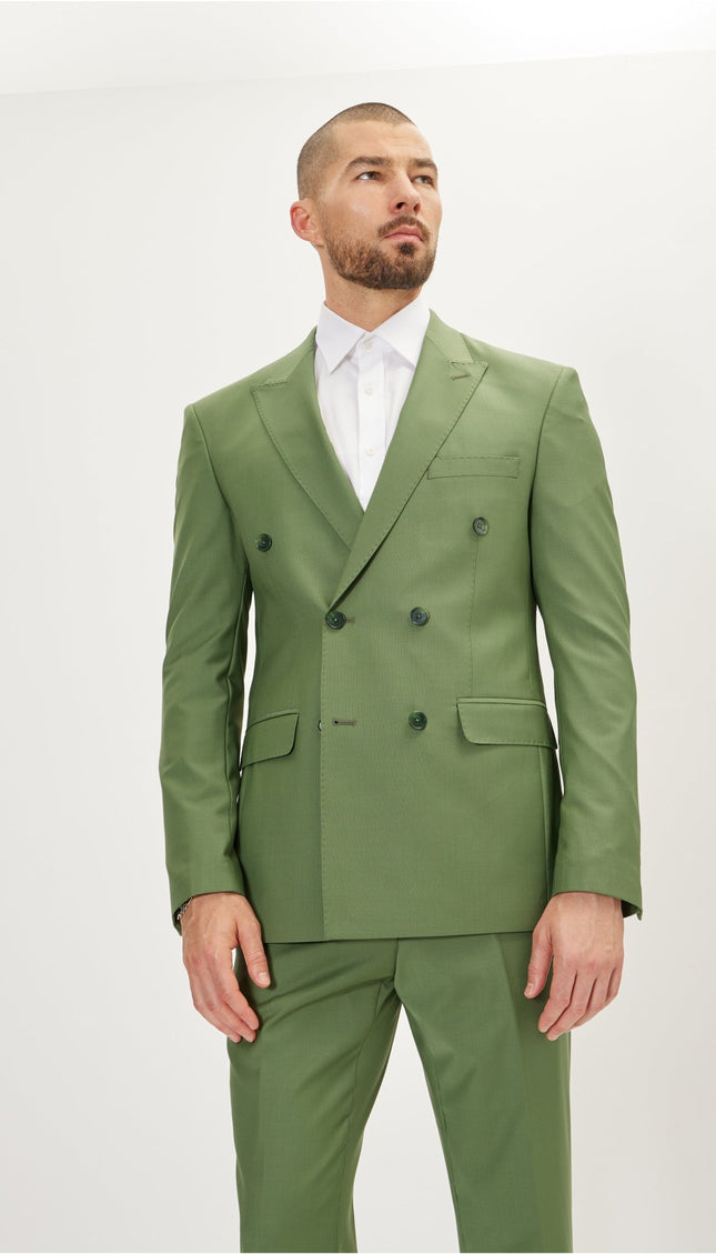 Super 120S Merino Wool Double Breasted Suit - Kale Green - Ron Tomson