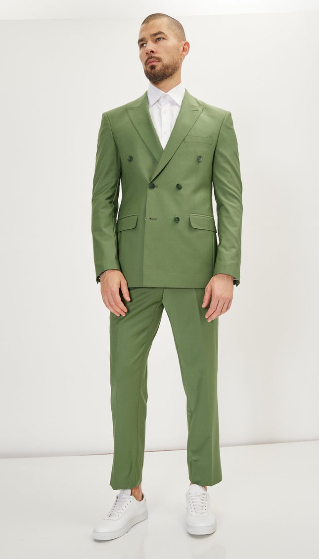 Super 120S Merino Wool Double Breasted Suit - Kale Green - Ron Tomson