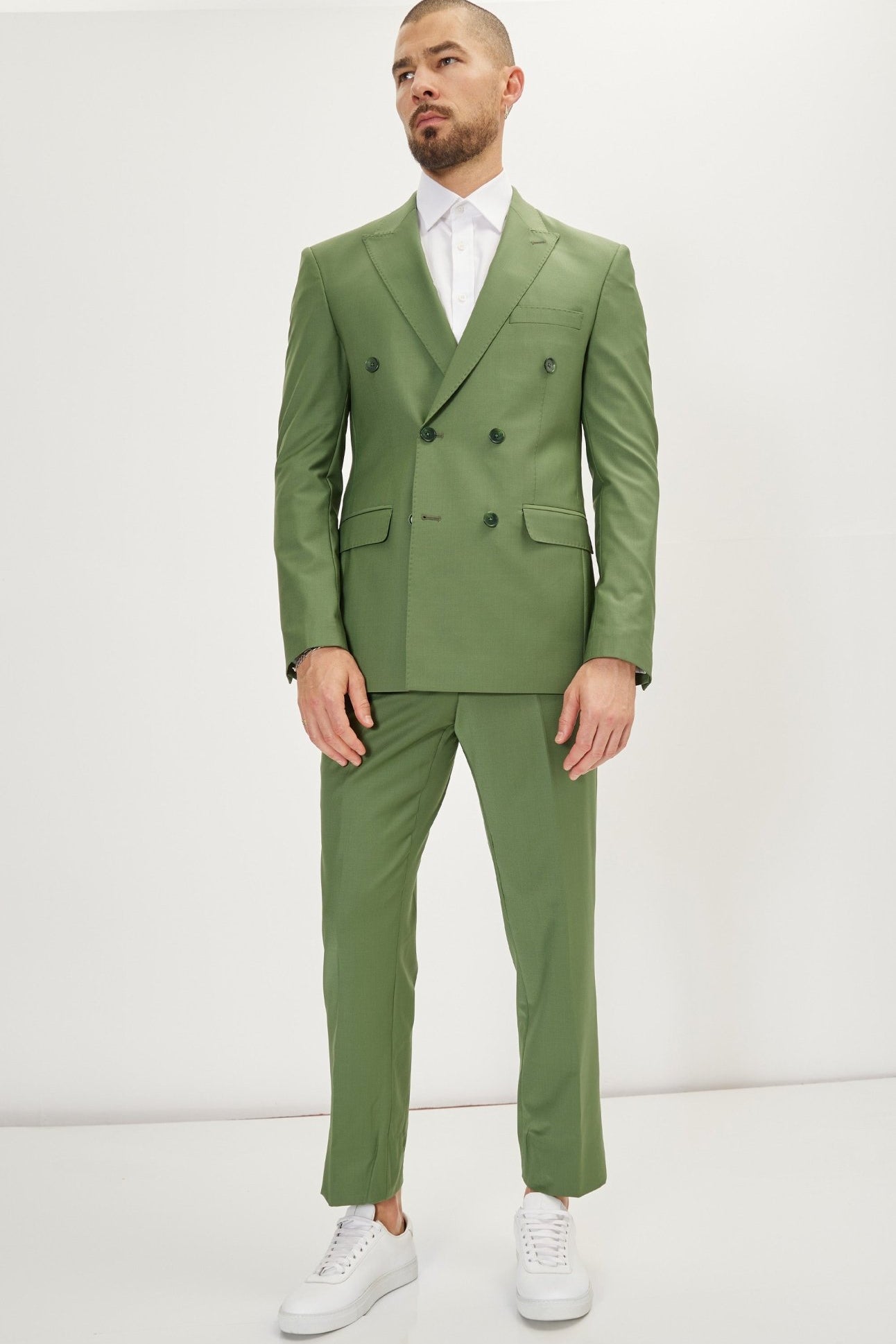 Super 120S Merino Wool Double Breasted Suit - Kale Green - Ron Tomson