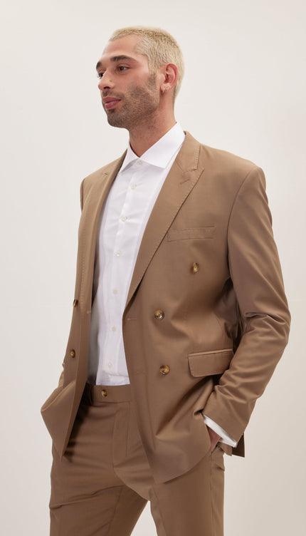 Super 120S Merino Wool Double Breasted Suit - Khaki - Ron Tomson