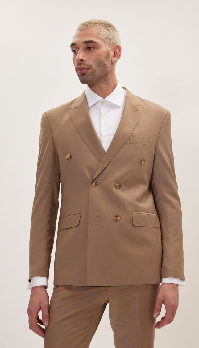 Super 120S Merino Wool Double Breasted Suit - Khaki - Ron Tomson