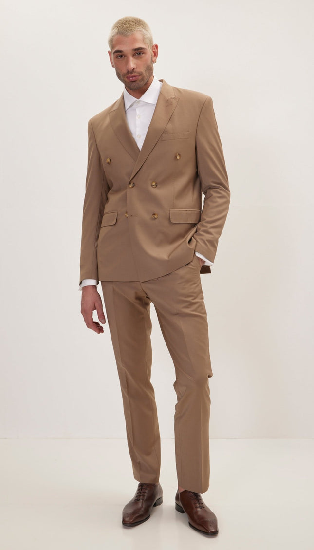 Super 120S Merino Wool Double Breasted Suit - Khaki - Ron Tomson