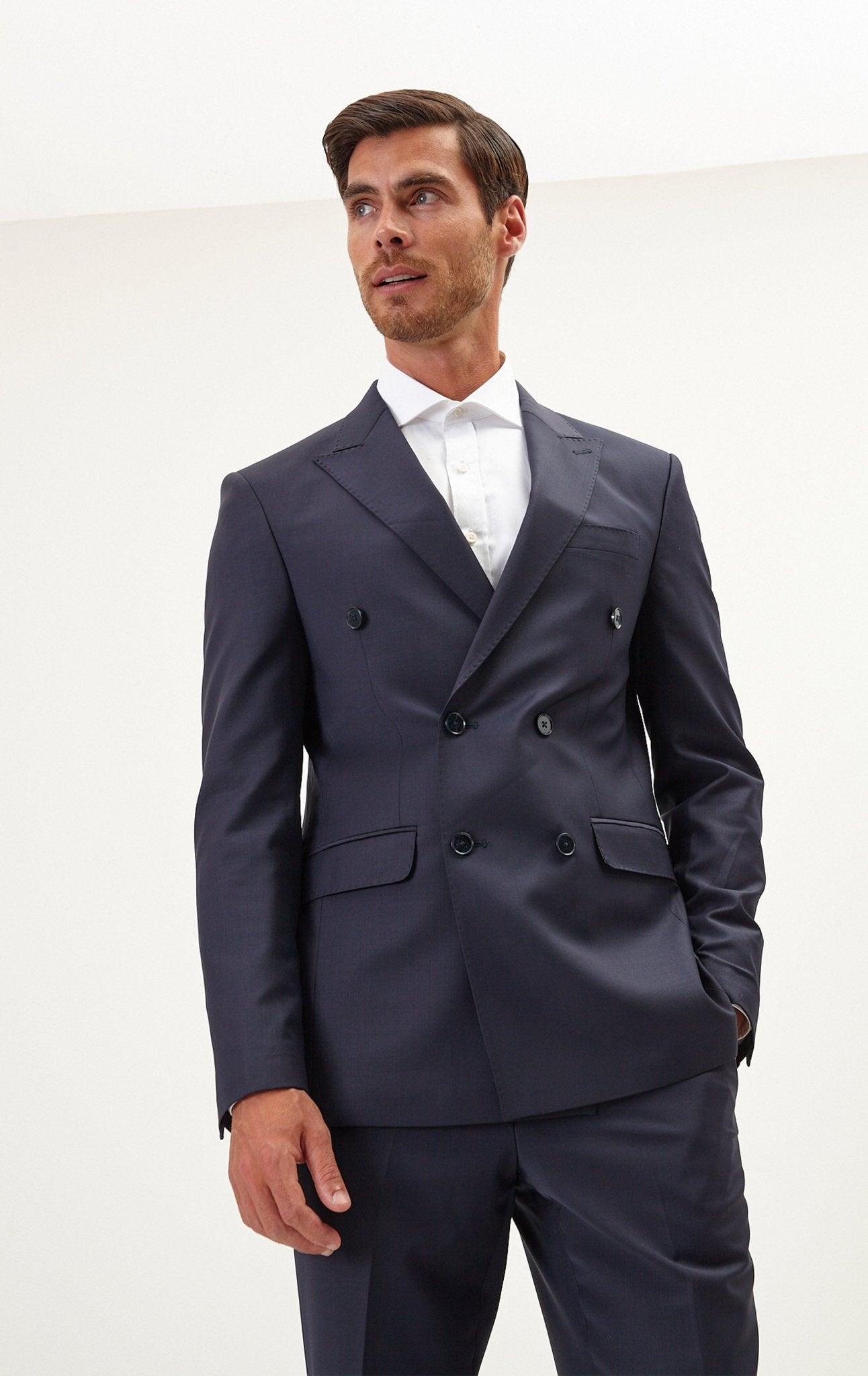 Super 120S Merino Wool Double Breasted Suit - Midnight Blue - Ron Tomson