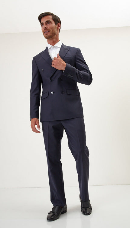 Super 120S Merino Wool Double Breasted Suit - Midnight Blue - Ron Tomson