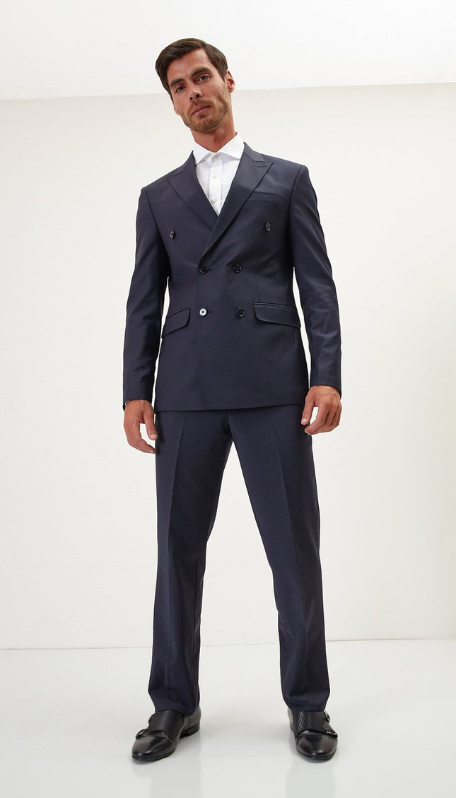 Super 120S Merino Wool Double Breasted Suit - Midnight Blue - Ron Tomson