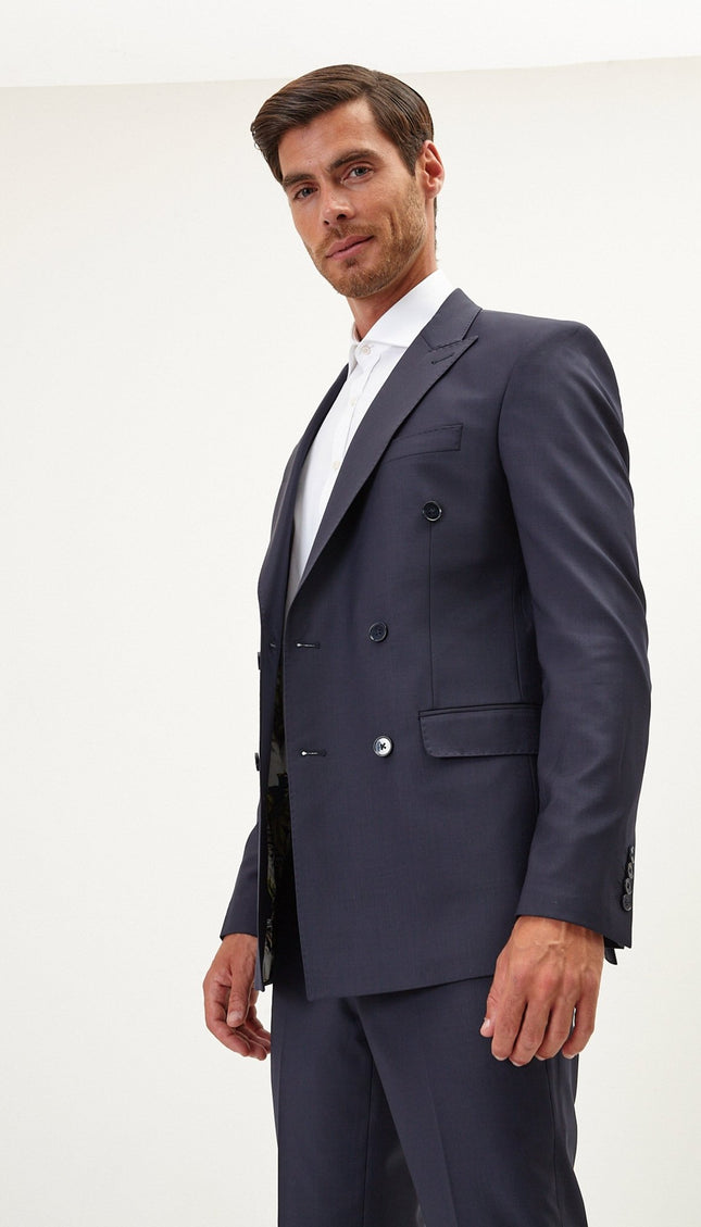 Super 120S Merino Wool Double Breasted Suit - Midnight Blue - Ron Tomson
