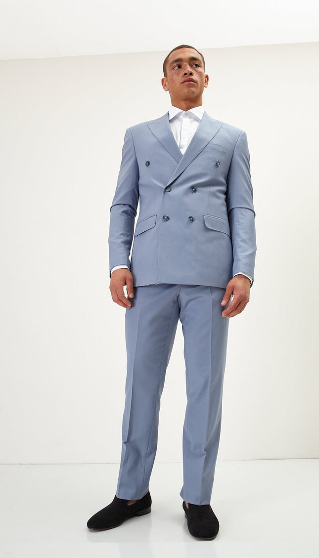 Super 120S Merino Wool Double Breasted Suit - Monument Grey Ish Blue - Ron Tomson