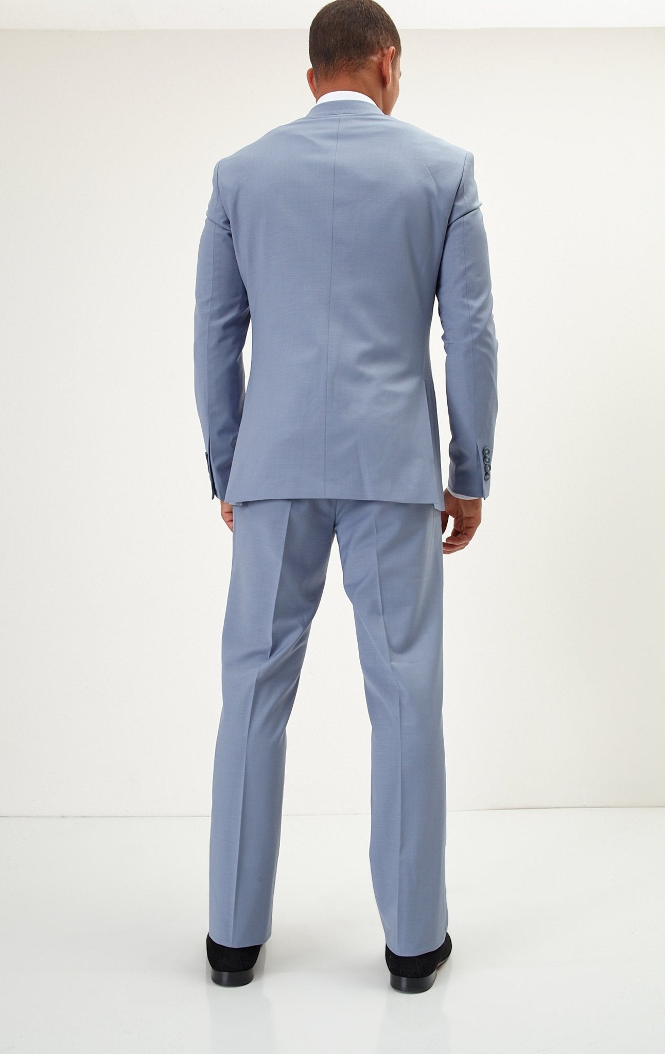 Super 120S Merino Wool Double Breasted Suit - Monument Grey Ish Blue - Ron Tomson