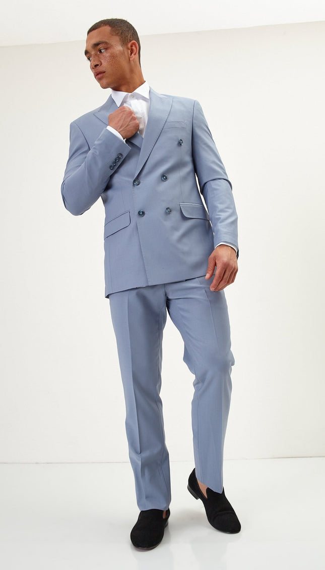 Super 120S Merino Wool Double Breasted Suit - Monument Grey Ish Blue - Ron Tomson