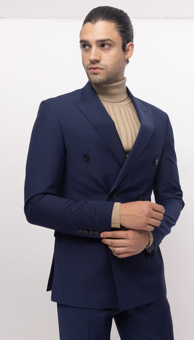 Super 120S Merino Wool Double Breasted Suit - Parliament Blue - Ron Tomson