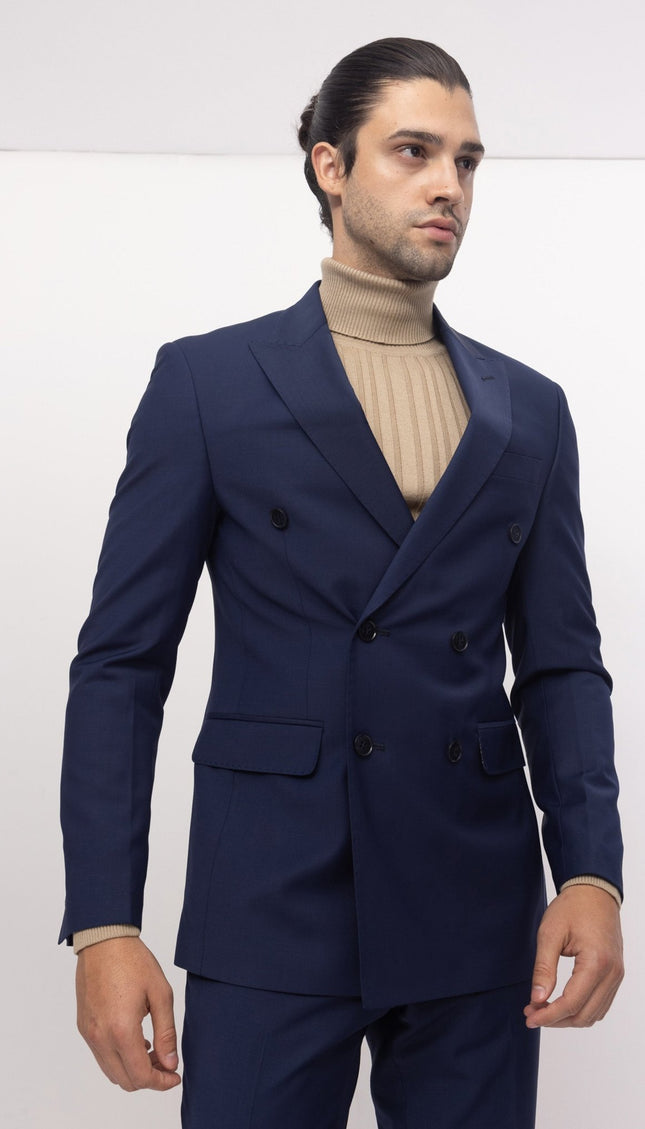 Super 120S Merino Wool Double Breasted Suit - Parliament Blue - Ron Tomson