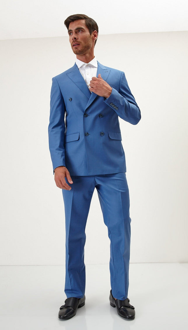 Super 120S Merino Wool Double Breasted Suit - Provence Blue - Ron Tomson