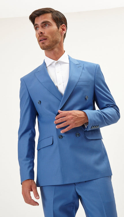 Super 120S Merino Wool Double Breasted Suit - Provence Blue - Ron Tomson