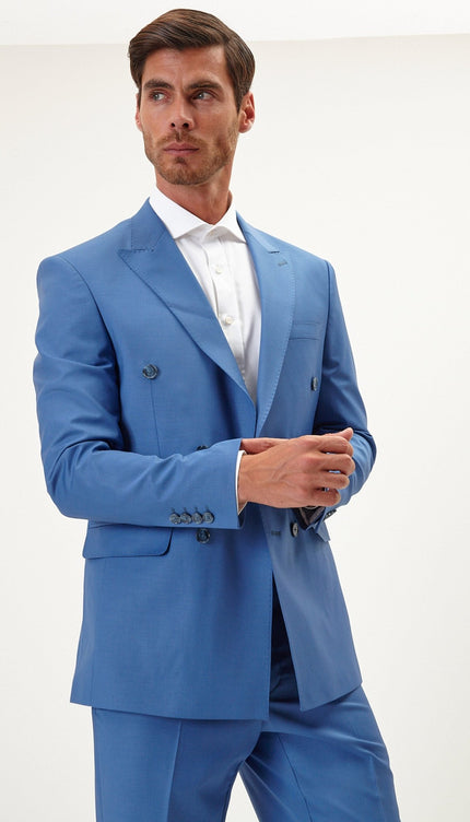 Super 120S Merino Wool Double Breasted Suit - Provence Blue - Ron Tomson