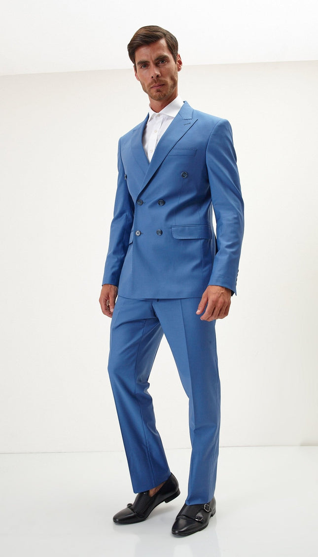 Super 120S Merino Wool Double Breasted Suit - Provence Blue - Ron Tomson