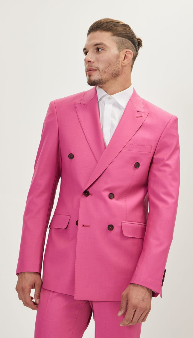 Super 120S Merino Wool Double Breasted Suit - Raspberry Pink Ish Red - Ron Tomson