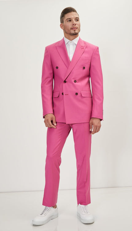 Super 120S Merino Wool Double Breasted Suit - Raspberry Pink Ish Red - Ron Tomson
