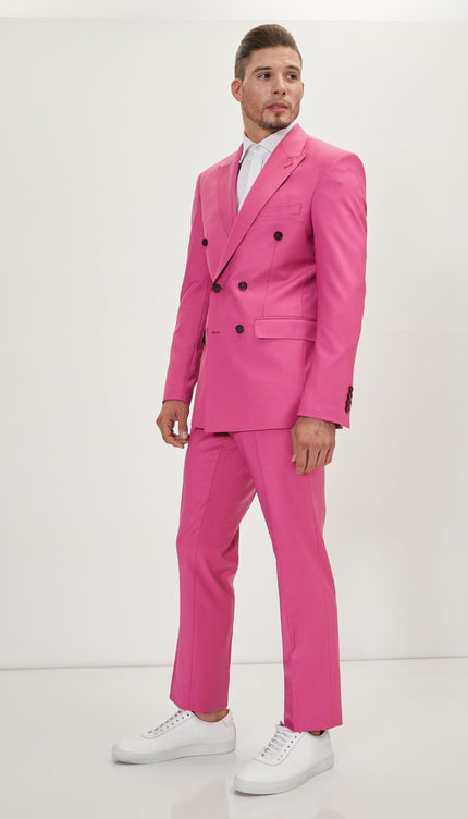 Super 120S Merino Wool Double Breasted Suit - Raspberry Pink Ish Red - Ron Tomson