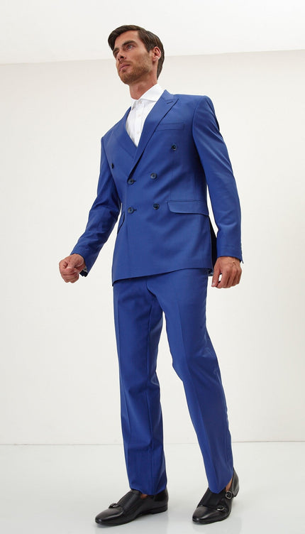 Super 120S Merino Wool Double Breasted Suit - Reflex Blue - Ron Tomson