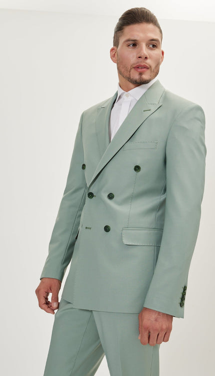 Super 120S Merino Wool Double Breasted Suit - Sage Green - Ron Tomson