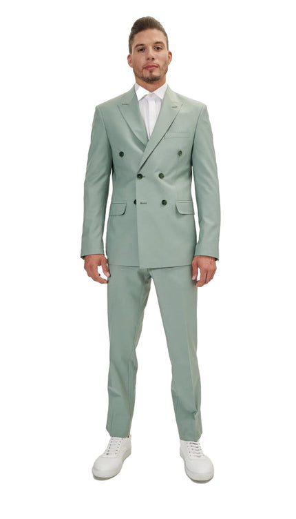 Super 120S Merino Wool Double Breasted Suit - Sage Green - Ron Tomson