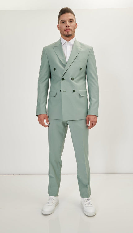 Super 120S Merino Wool Double Breasted Suit - Sage Green - Ron Tomson