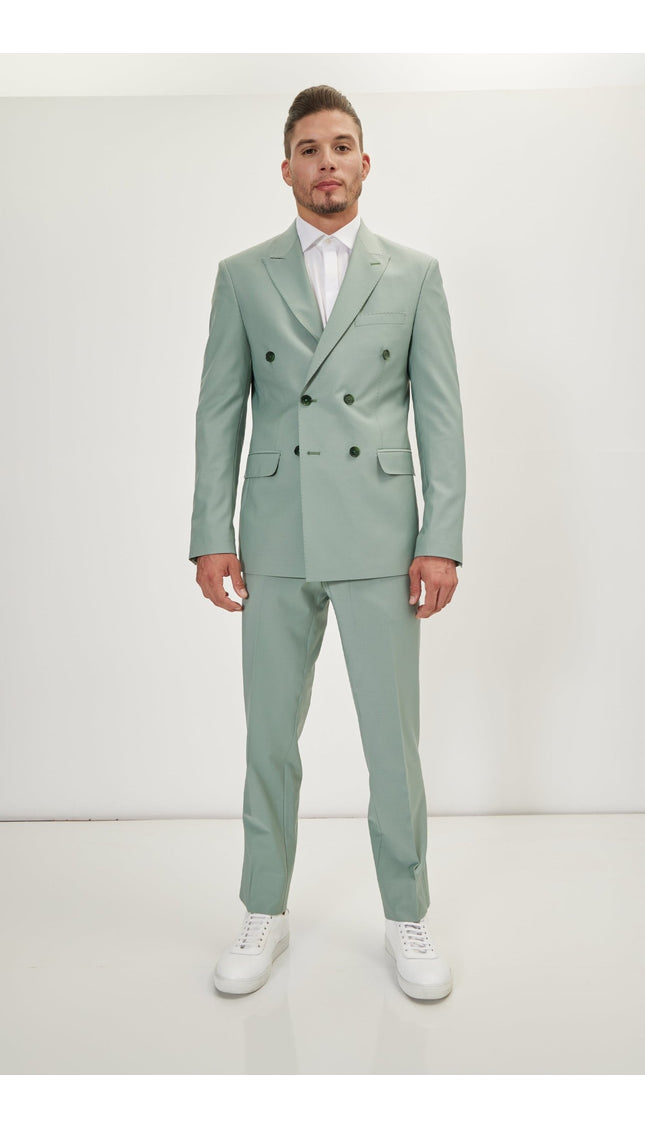 Super 120S Merino Wool Double Breasted Suit - Sage Green - Ron Tomson