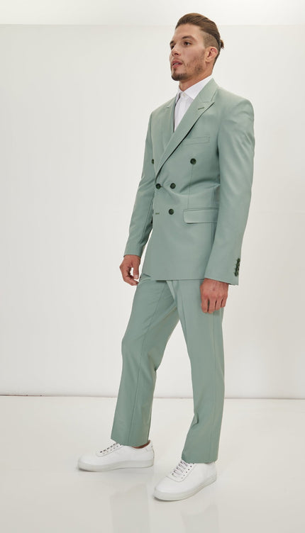 Super 120S Merino Wool Double Breasted Suit - Sage Green - Ron Tomson