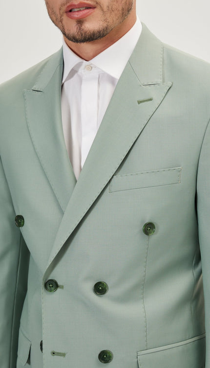 Super 120S Merino Wool Double Breasted Suit - Sage Green - Ron Tomson