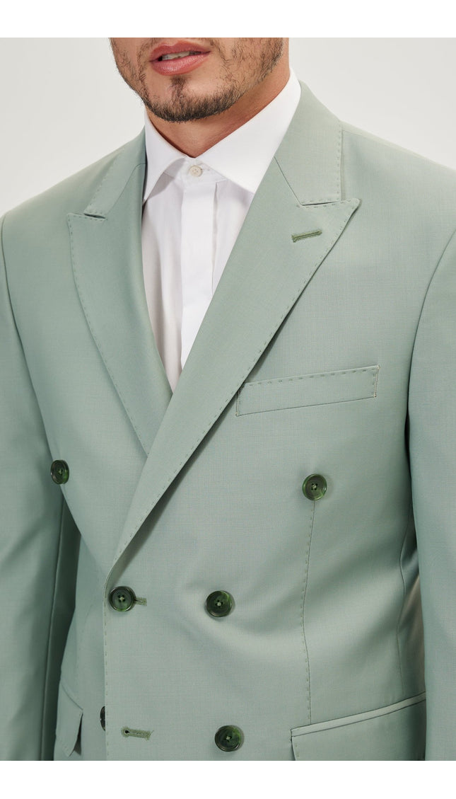 Super 120S Merino Wool Double Breasted Suit - Sage Green - Ron Tomson