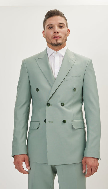 Super 120S Merino Wool Double Breasted Suit - Sage Green - Ron Tomson