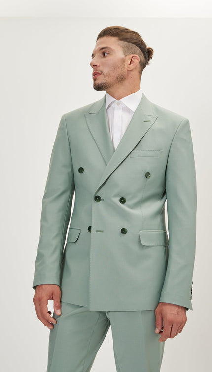 Super 120S Merino Wool Double Breasted Suit - Sage Green - Ron Tomson