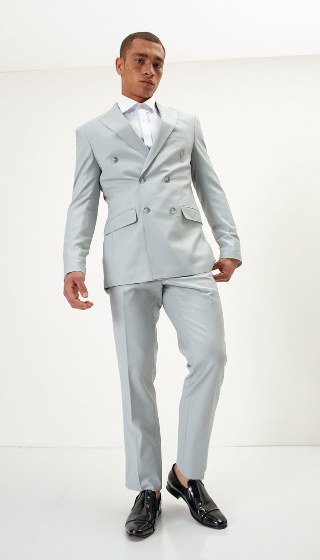 Super 120S Merino Wool Double Breasted Suit - Sage Tint Grey - Ron Tomson