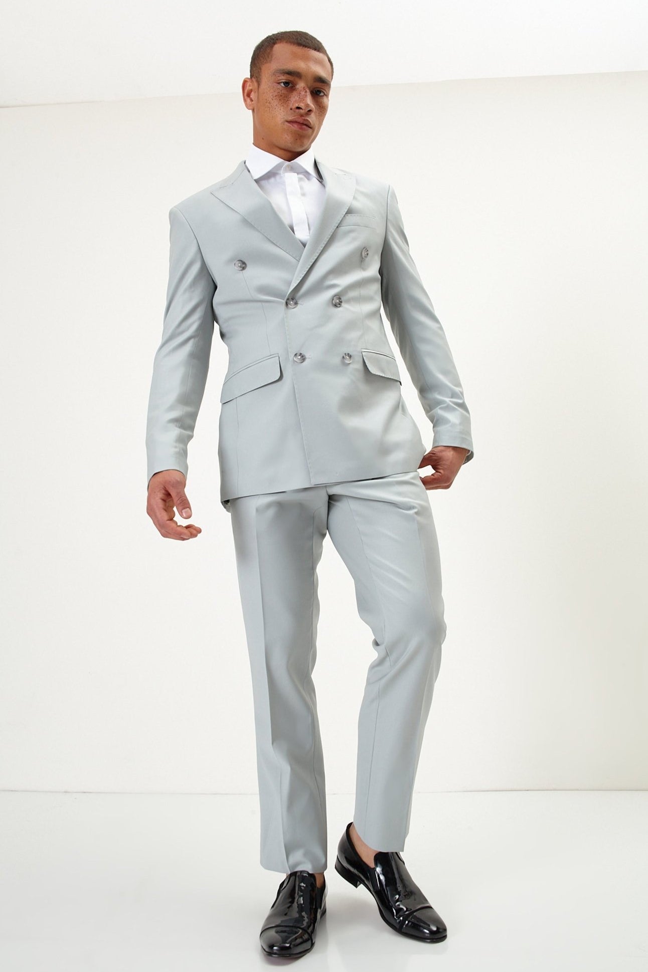 Super 120S Merino Wool Double Breasted Suit - Sage Tint Grey - Ron Tomson