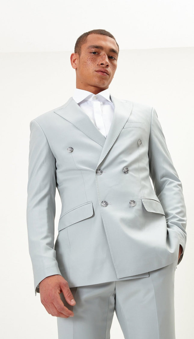 Super 120S Merino Wool Double Breasted Suit - Sage Tint Grey - Ron Tomson