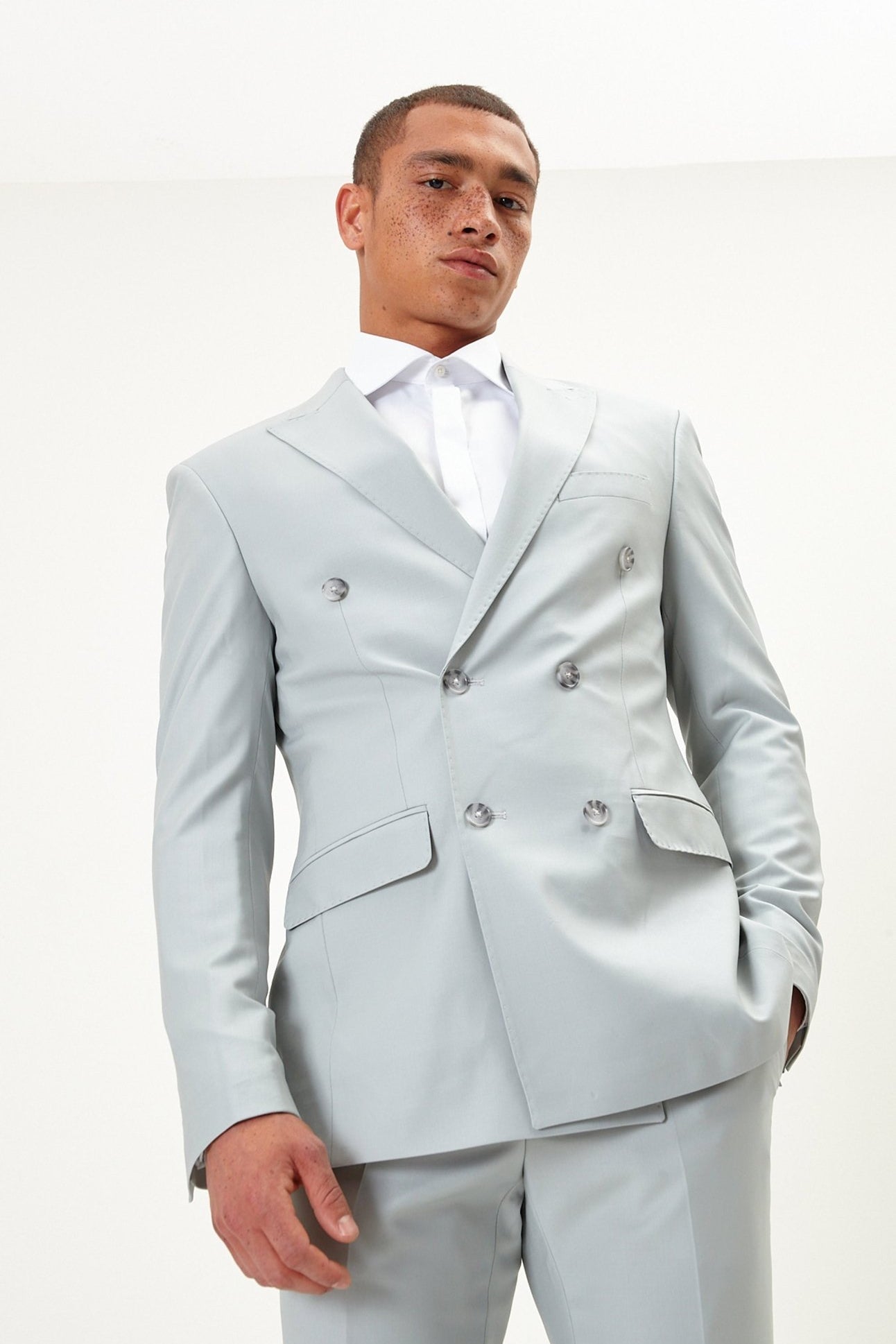 Super 120S Merino Wool Double Breasted Suit - Sage Tint Grey - Ron Tomson