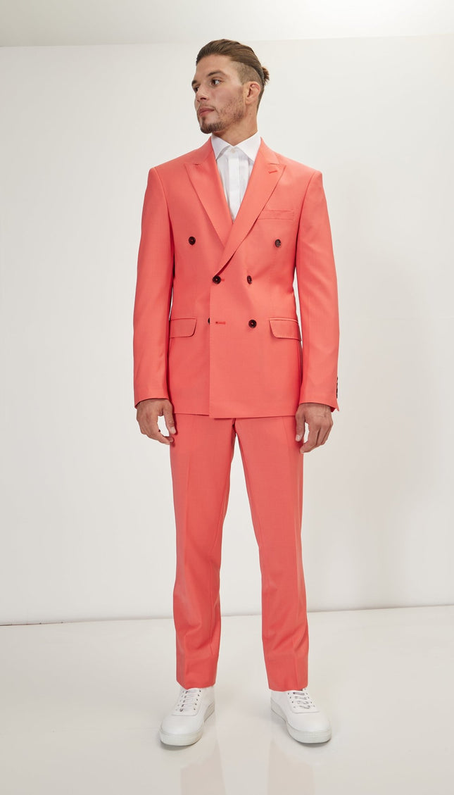 Super 120S Merino Wool Double Breasted Suit - Salmon - Ron Tomson