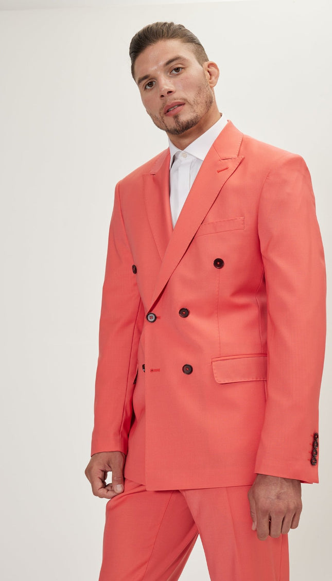 Super 120S Merino Wool Double Breasted Suit - Salmon - Ron Tomson
