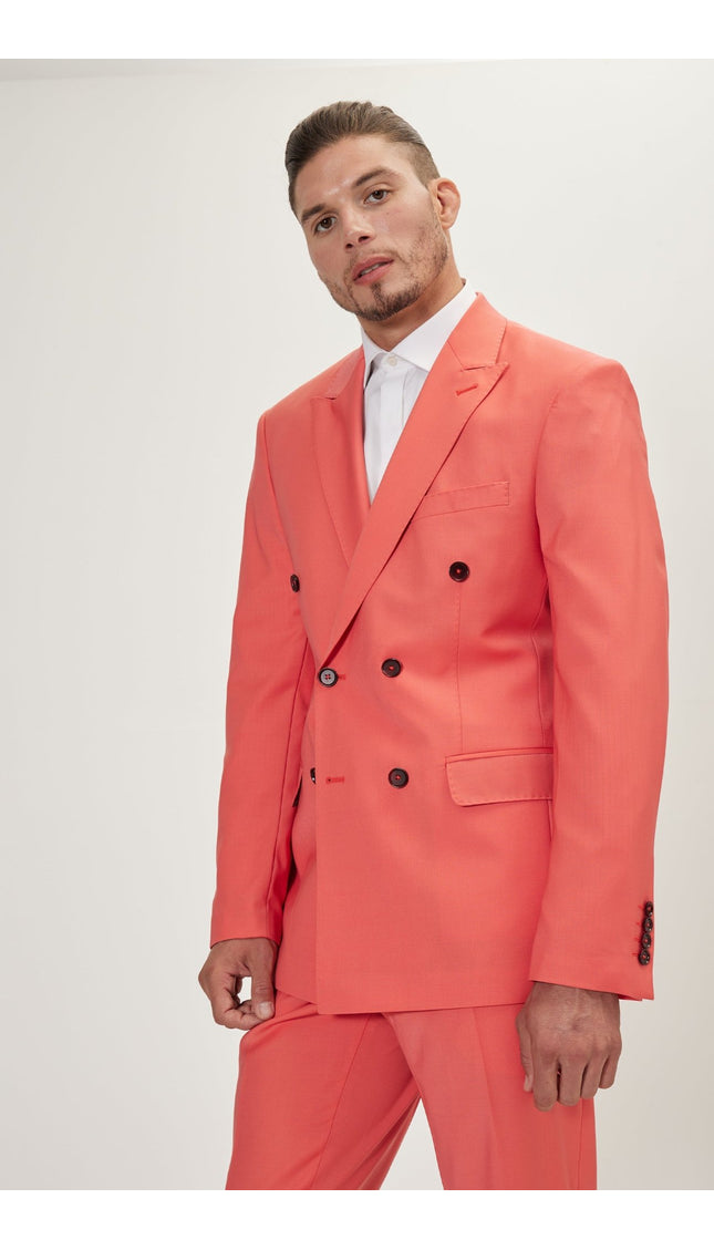 Super 120S Merino Wool Double Breasted Suit - Salmon - Ron Tomson