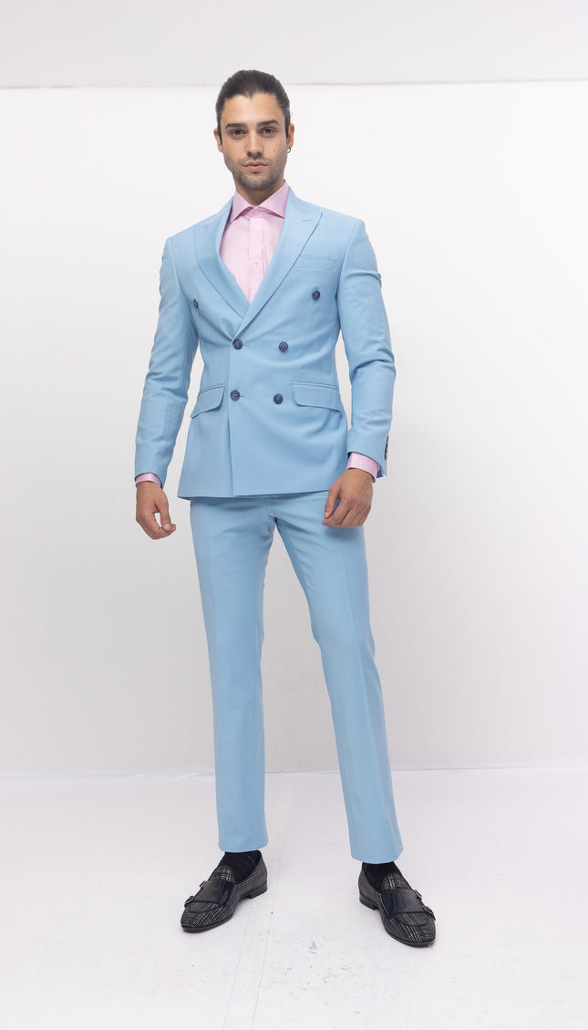 Super 120S Merino Wool Double Breasted Suit- Sky Blue - Ron Tomson