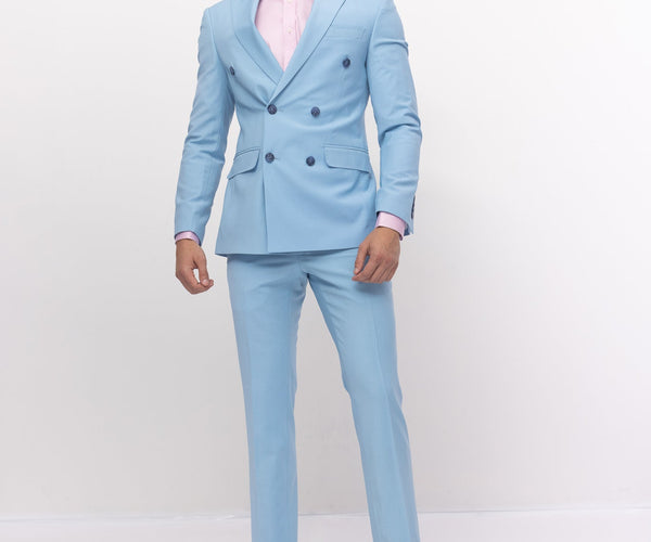 Super 120S Merino Wool Double Breasted Suit- Sky Blue Ron Tomson