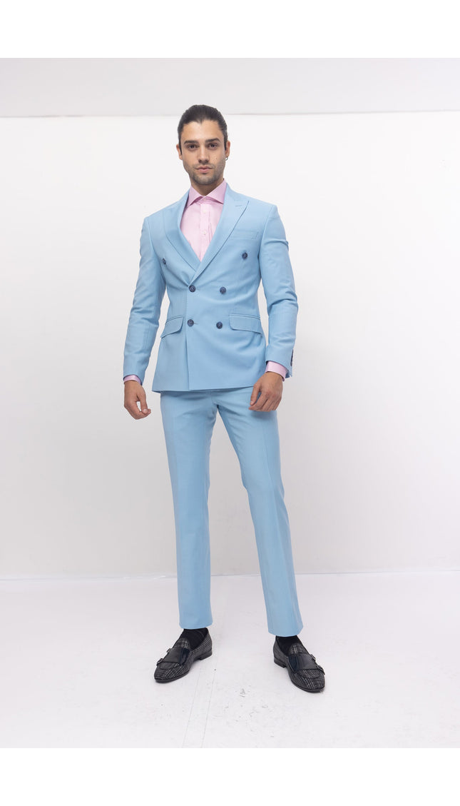 Super 120S Merino Wool Double Breasted Suit- Sky Blue - Ron Tomson