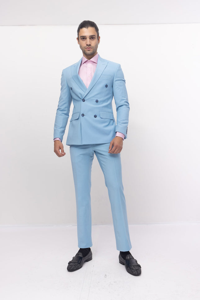 Super 120S Merino Wool Double Breasted Suit- Sky Blue - Ron Tomson