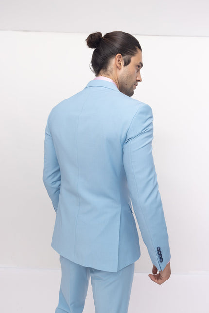 Super 120S Merino Wool Double Breasted Suit- Sky Blue - Ron Tomson